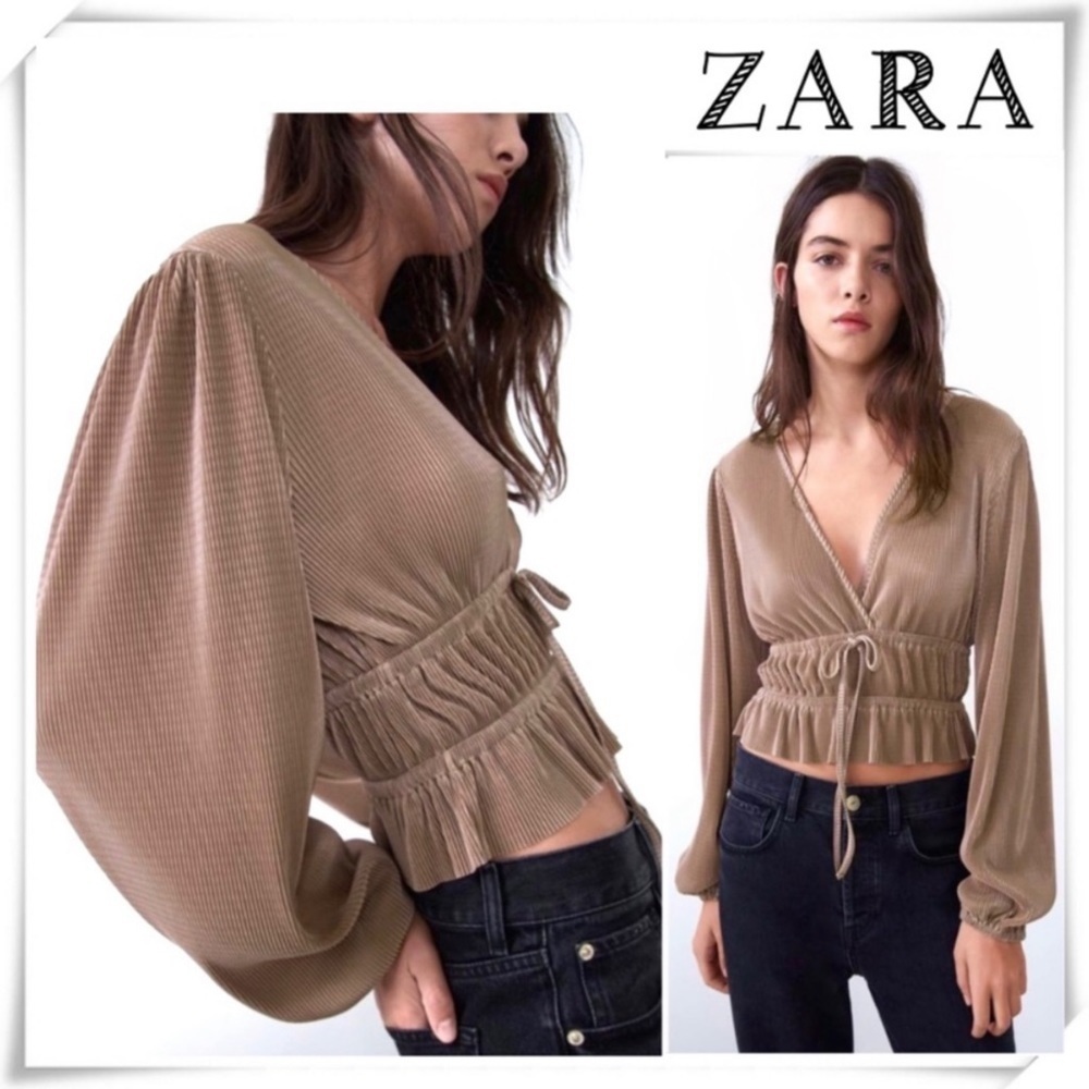 ZARA Pleated Ruffle Waist Blouse Top in Metallic Nude Brown Size L